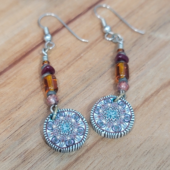 Jewelry - Beaded mandala boho pink brown earrings